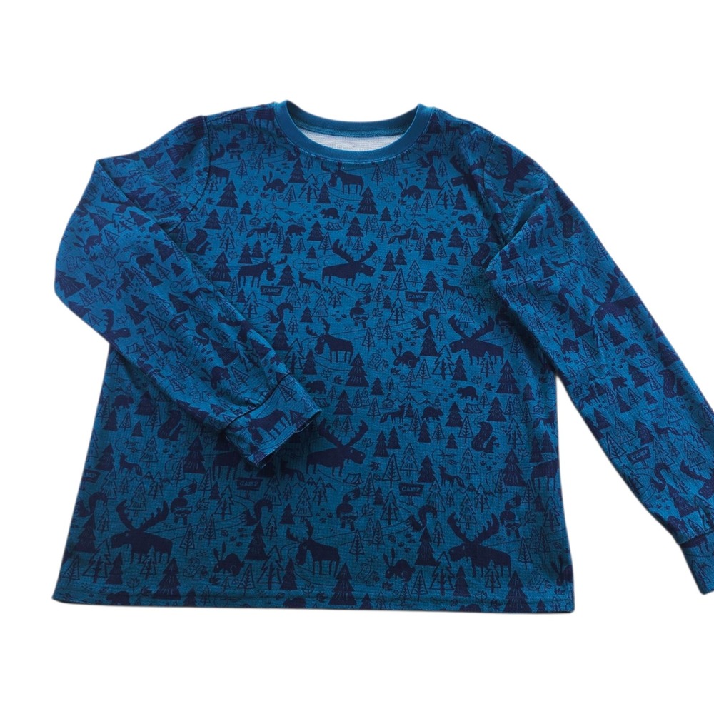 L.L.Bean Kids' Long Sleeve Graphic Tee Base‎ Layer Moose Trees Blue L 14-16